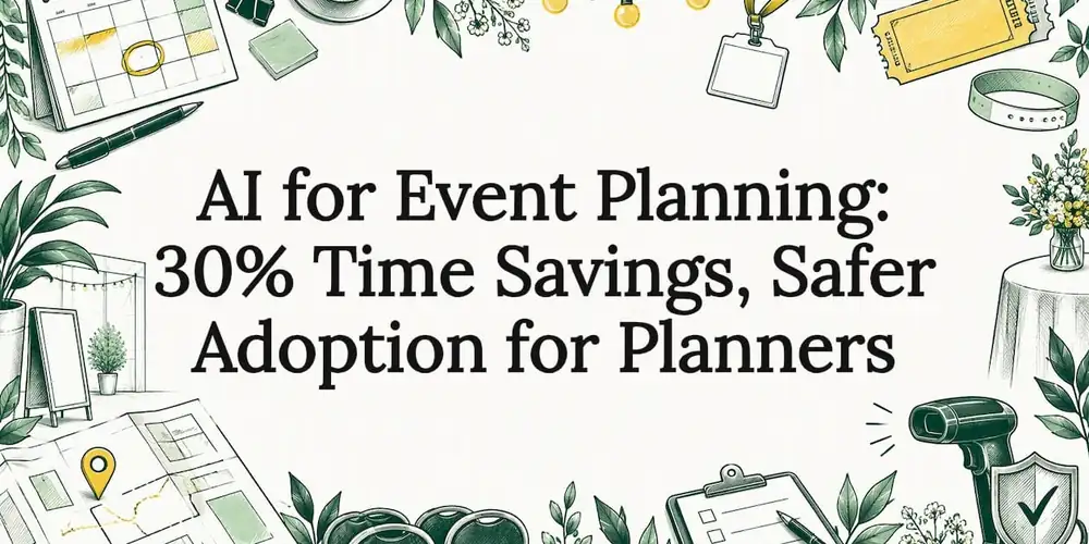 Sketch of a calendar, lanyard badge, ticket, scanner, clipboard and plants around the title AI for Event Planning: 30% Time Savings, Safer Adoption for Planners