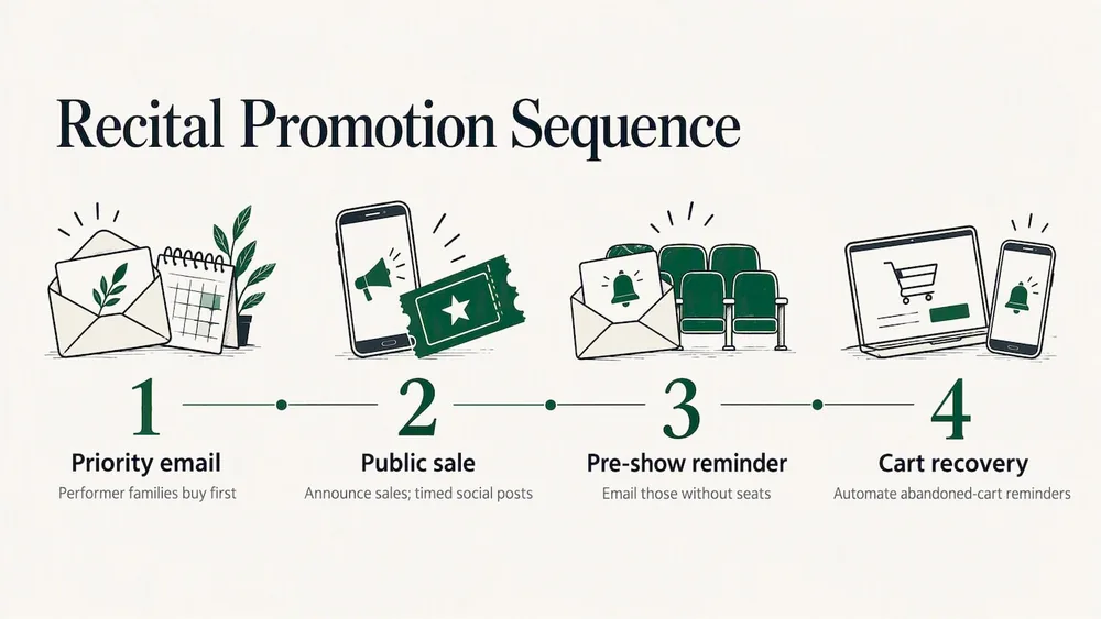 A recital ticket campaign runs in phases, with reminders before each sales window opens
