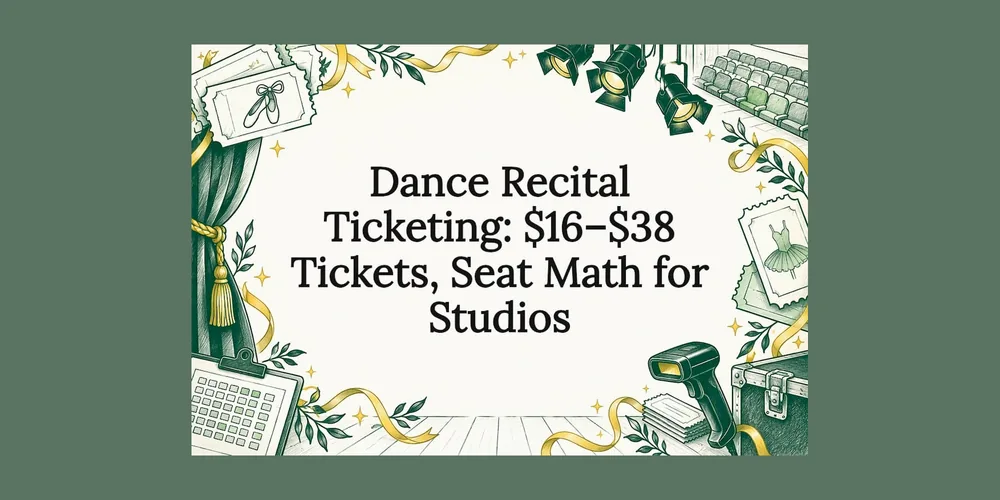 Sketch title card reading Dance Recital Ticketing: $16 to $38 Tickets, Seat Math for Studios