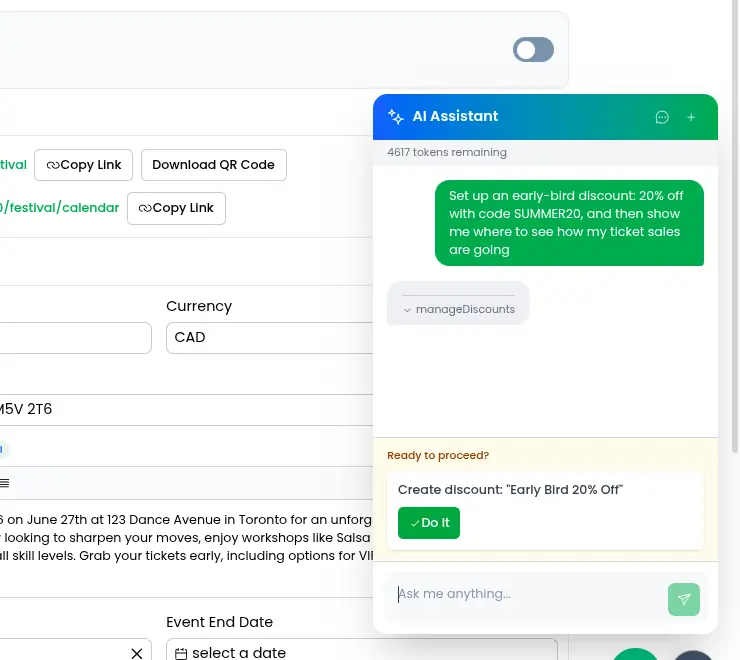 The assistant proposes creating the discount and waits for approval before touching anything