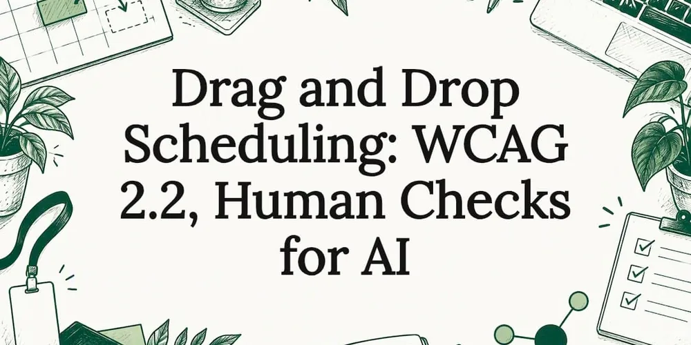Sketch of a calendar, laptop, checklist and plants around the title Drag and Drop Scheduling: WCAG 2.2, Human Checks for AI
