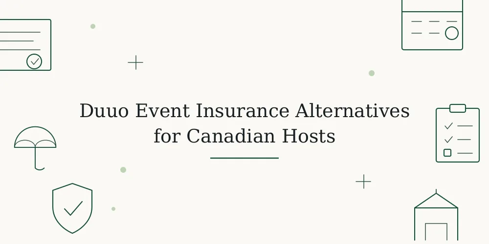 Sketch of a certificate with a seal, a calendar with a circled date, an umbrella, a checklist and a marquee around the title Duuo Event Insurance Alternatives for Canadian Hosts