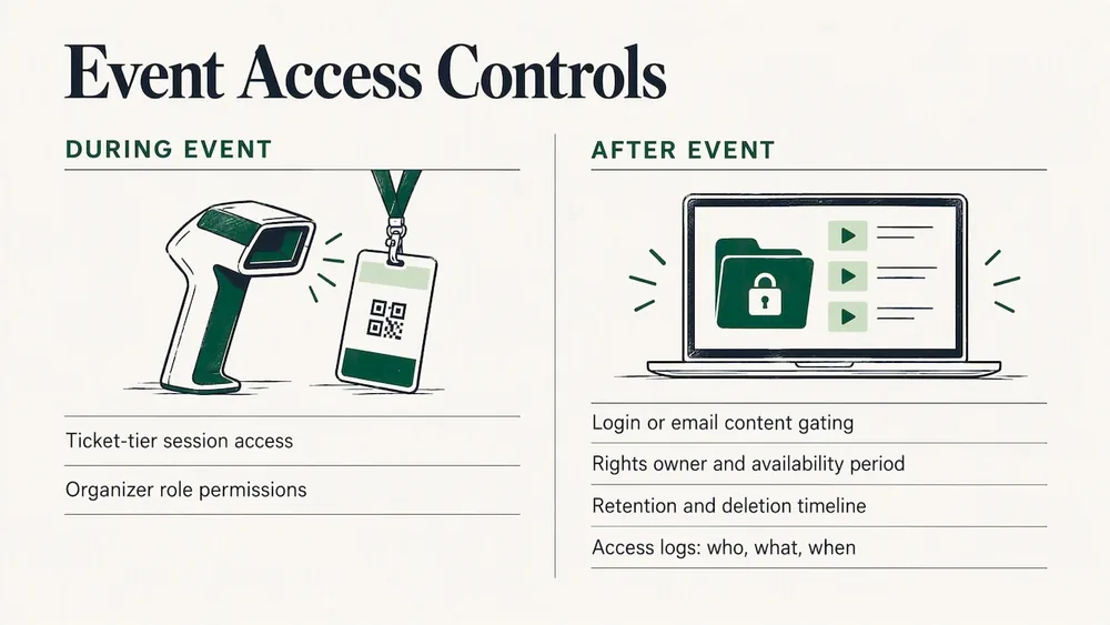 During the event, access follows ticket tier and organizer role; afterward, gating, rights, retention timelines and access logs keep materials under control