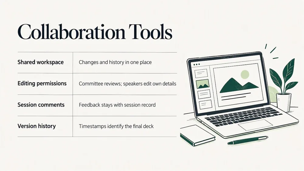 A shared workspace, editing permissions, session comments and version history keep organizers and speakers working from the same files