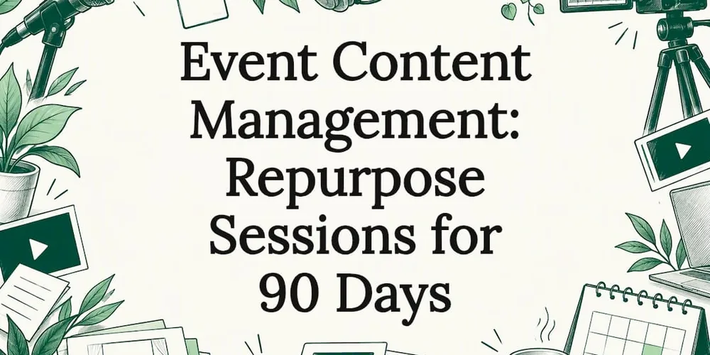 Sketch of a microphone, camera, calendar and plants around the title Event Content Management: Repurpose Sessions for 90 Days