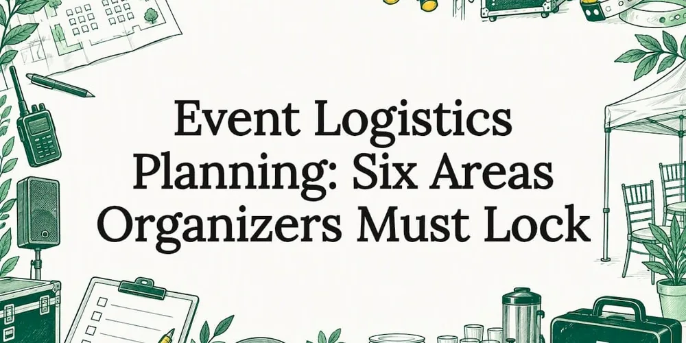 Sketch of a site plan, radio, clipboard, first aid kit and stage lights around the title Event Logistics Planning: Six Areas Organizers Must Lock