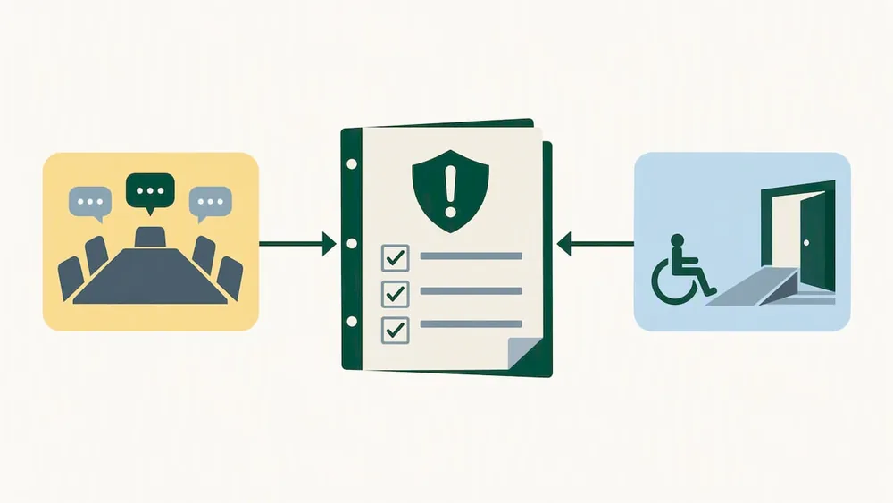 Advisory committee input and accessible evacuation support both feed into the event emergency plan.
