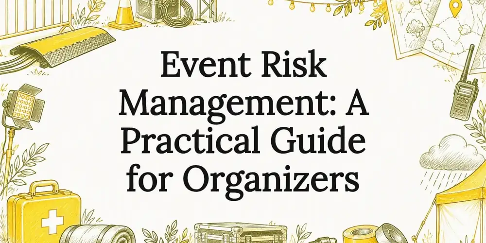 Sketch of a first aid kit, traffic cone, radio, site map, road cases, lights and a rain cloud around the title Event Risk Management: A Practical Guide for Organizers