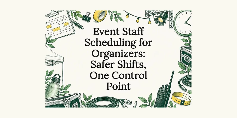 Sketch of a shift calendar, two-way radio, cables and road cases around the title Event Staff Scheduling for Organizers: Safer Shifts, One Control Point