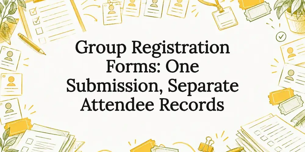 Croquis de planchettes à pince, de cartes de participants, de porte-noms et de billets autour du titre Formulaires d'inscription de groupe : un seul envoi, des fiches de participants distinctes
