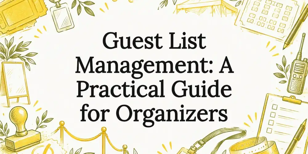 Sketch of a ticket, badge, stamp, clipboard, radio, wristband and velvet rope around the title Guest List Management: A Practical Guide for Organizers