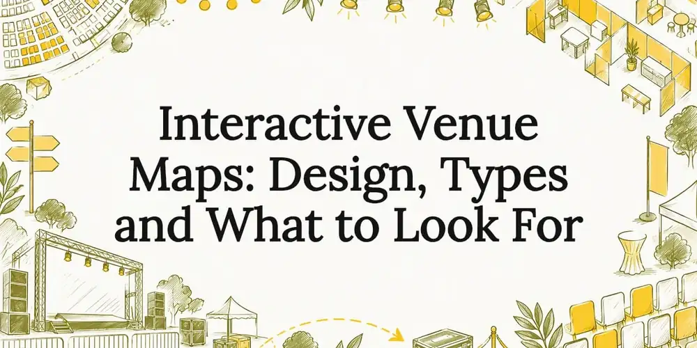 Sketch of seating blocks, a stage, booths, signposts and string lights around the title Interactive Venue Maps: Design, Types and What to Look For