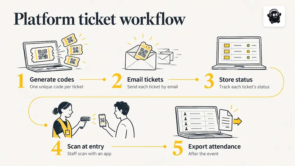 QR ticket generation, scanning and attendance workflow