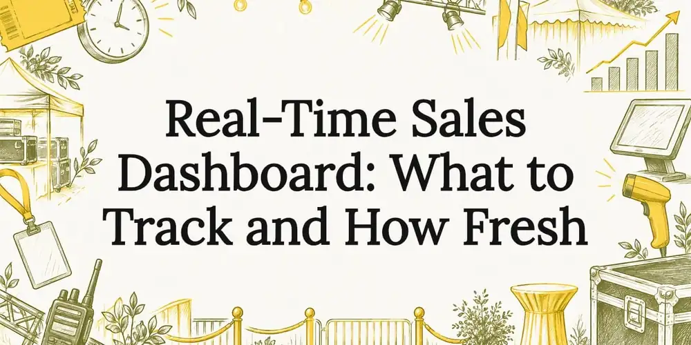 Sketch of a ticket, clock, rising bar chart, scanner, tablet and stage lights around the title Real-Time Sales Dashboard: What to Track and How Fresh