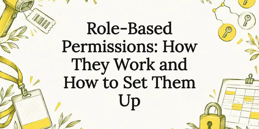 Sketch of a scanner, keys, padlock, lanyard badge and schedule around the title Role-Based Permissions: How They Work and How to Set Them Up