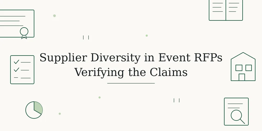 Sketch of a certificate, a directory, a checklist and a handshake around the title Supplier Diversity in Event RFPs: Verifying the Claims