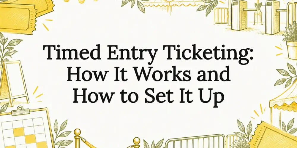 Sketch of tickets, turnstiles, a calendar grid, a velvet rope and crowd barriers around the title Timed Entry Ticketing: How It Works and How to Set It Up