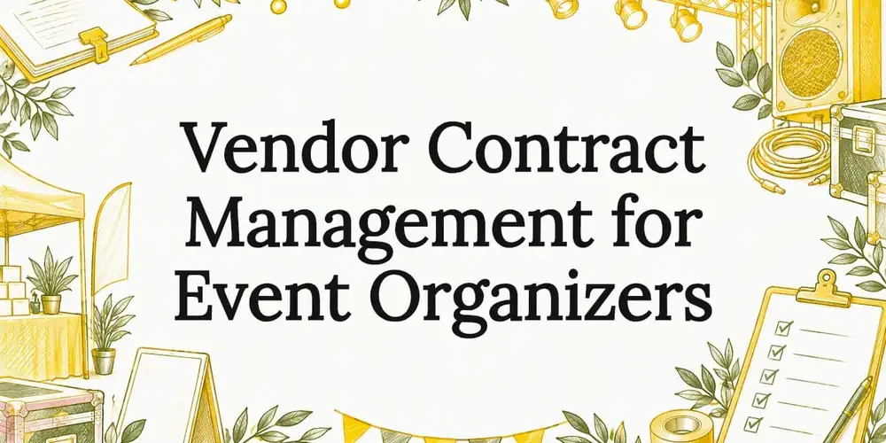 Sketch of a binder, stage lights, speakers, a tent, road cases and a clipboard around the title Vendor Contract Management for Event Organizers