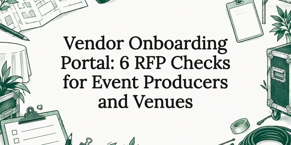 Sketch of a floor plan, lanyard badge, clipboard checklist, road case and cables around the title Vendor Onboarding Portal: 6 RFP Checks for Event Producers and Venues