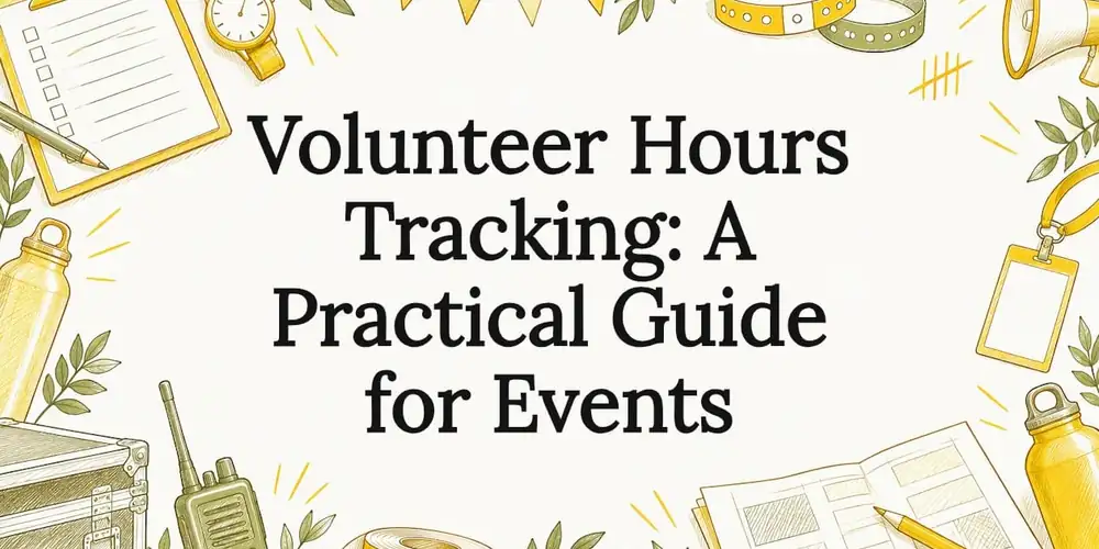 Sketch of a clipboard, watch, wristbands, radio, water bottles, a megaphone and a logbook around the title Volunteer Hours Tracking: A Practical Guide for Events